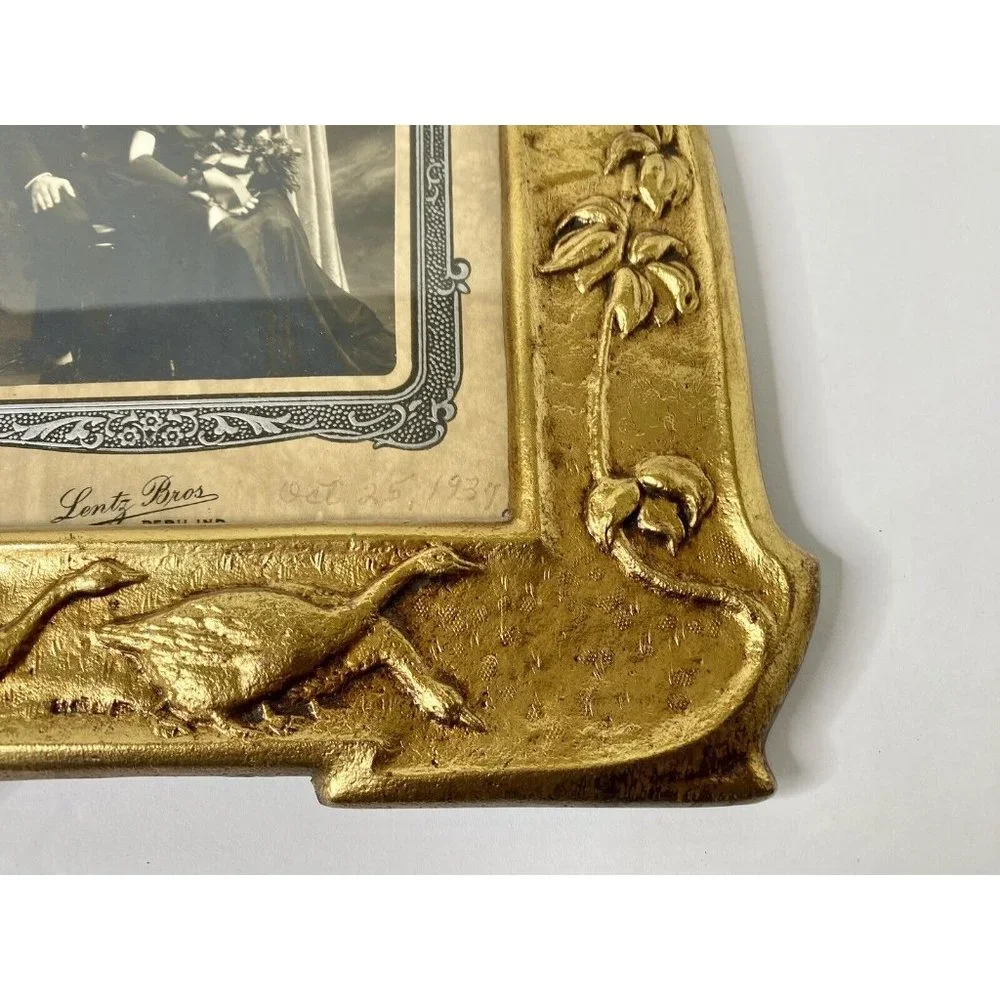European Style Art Nouveau Brass‎ Metal Frame Vintage Girl Geese Floral Accents